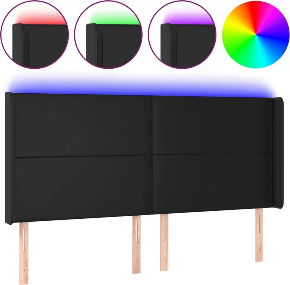 vidaXL Tăblie de pat cu LED, negru, 163x16x118/128 cm, piele ecologică