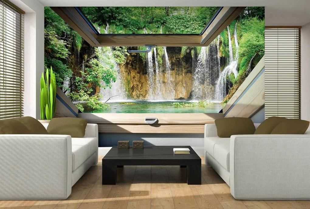 Fototapet - Privire spre geam cu cascade (152,5x104 cm)