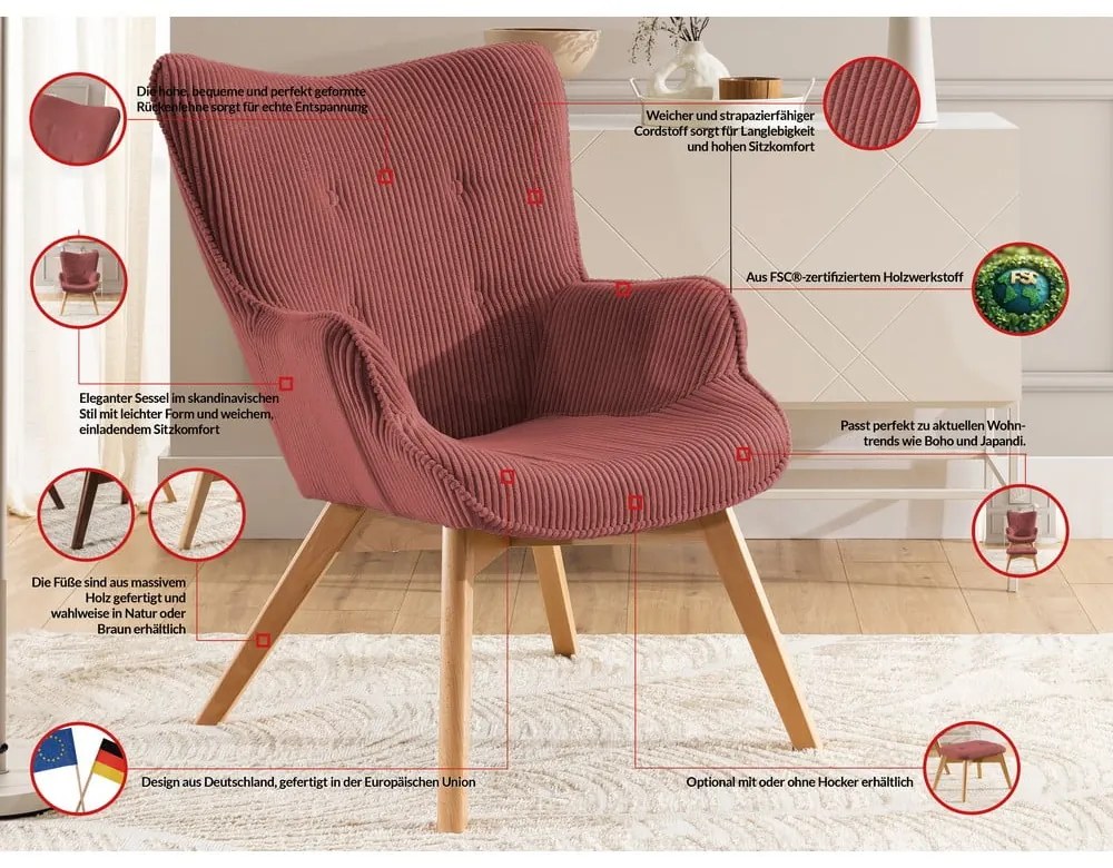 Fotoliu cu taburet roșu cu tapițerie din catifea reiată Niko – Ropez