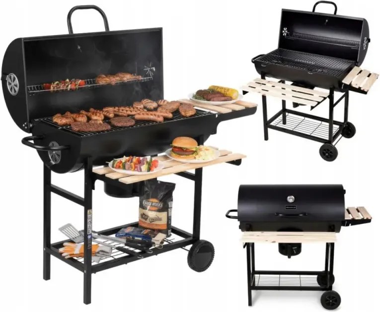 Gratar pe carbuni Klausberg KB 9033, Capac cu inchidere, Termometru, Suporturi laterale, Sertar pentru cenusa, Roti, Otel, Negru