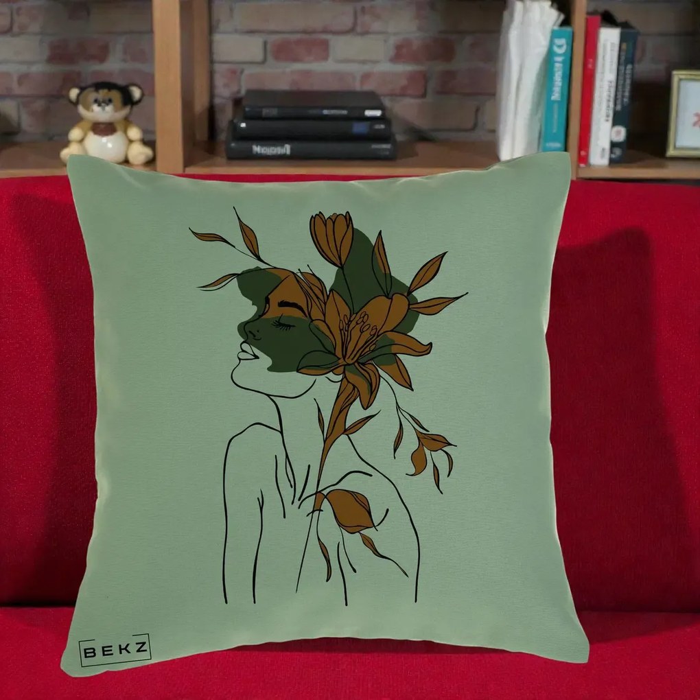 Perna Decorativa Portret Feminin Crin Auriu, 40x40 cm, Verde, Husa Detasabila, Perna Inclusa, BEKZ®