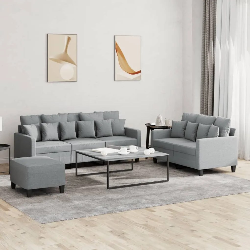 vidaXL Set de canapele cu perne, 3 piese, gri deschis, textil