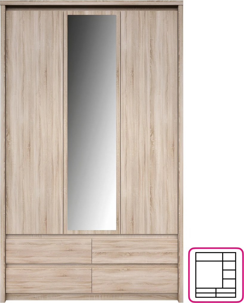 Dulap cu oglindă 3D4S, stejar sonoma, NORTY TYP 1