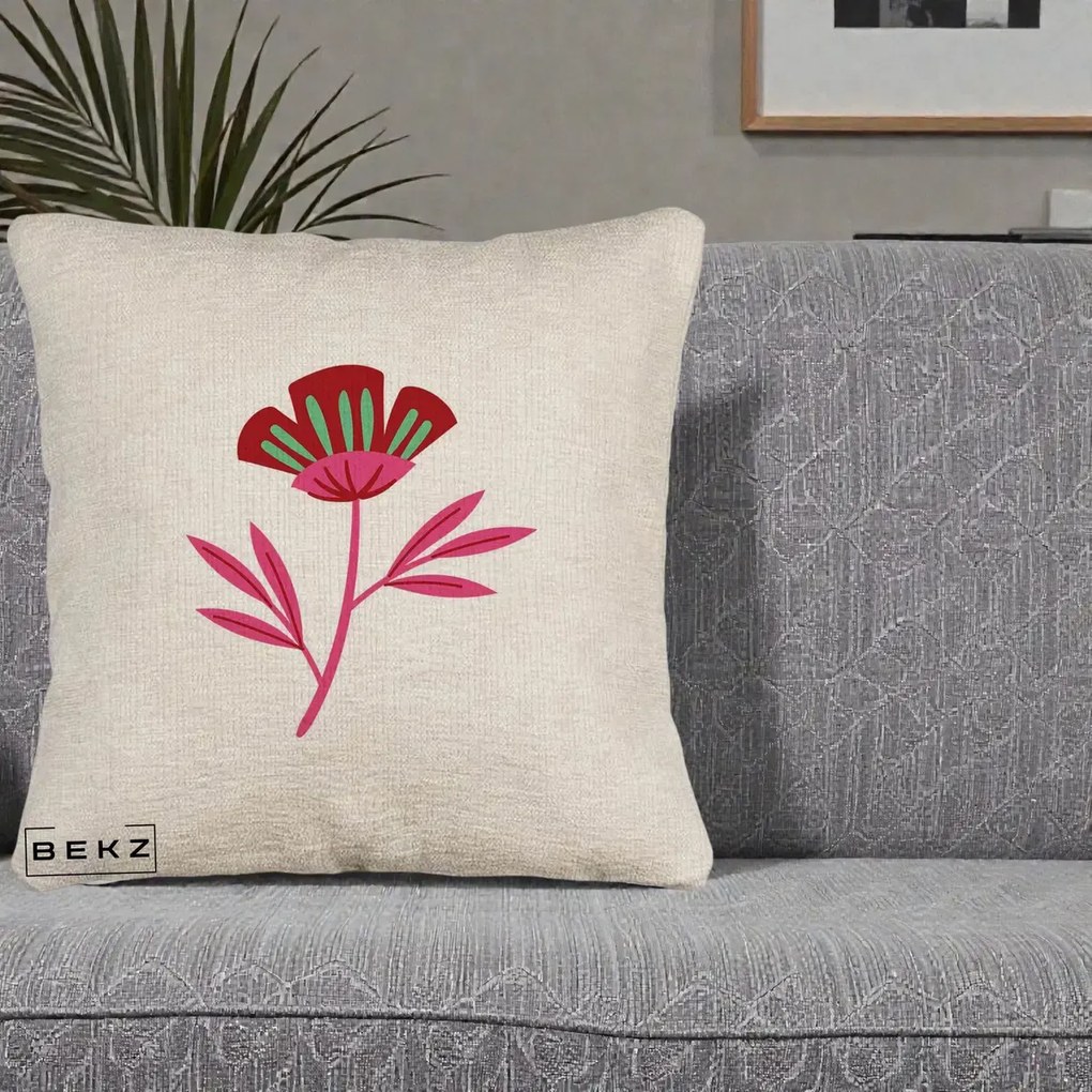 Perna Decorativa Floare Macul Roz-Rosu Grafic, 40x40 cm, Bej Canapea, Husa Detasabila, Perna Inclusa, BEKZ®