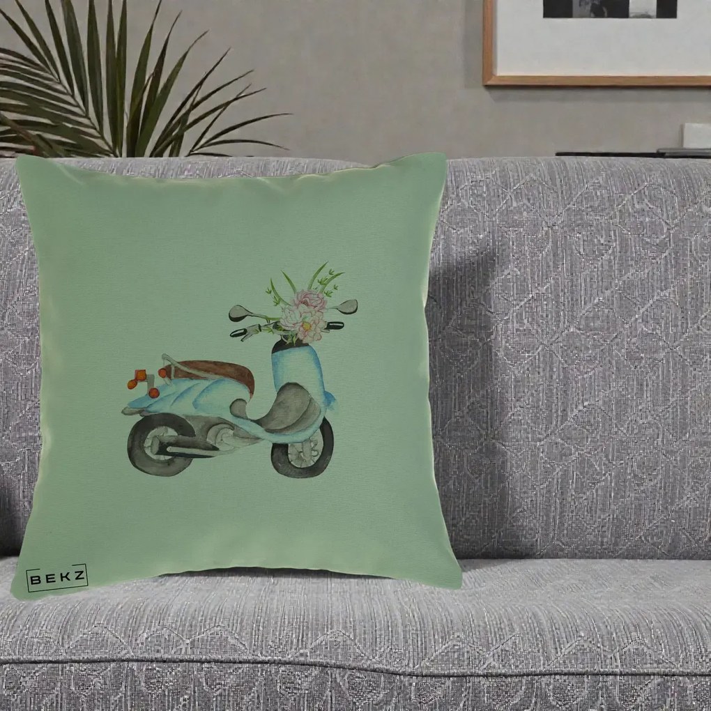 Perna Decorativa Scuter Albastru cu Flori Acuarela, 40x40 cm, Verde, Husa Detasabila, Perna Inclusa, BEKZ®
