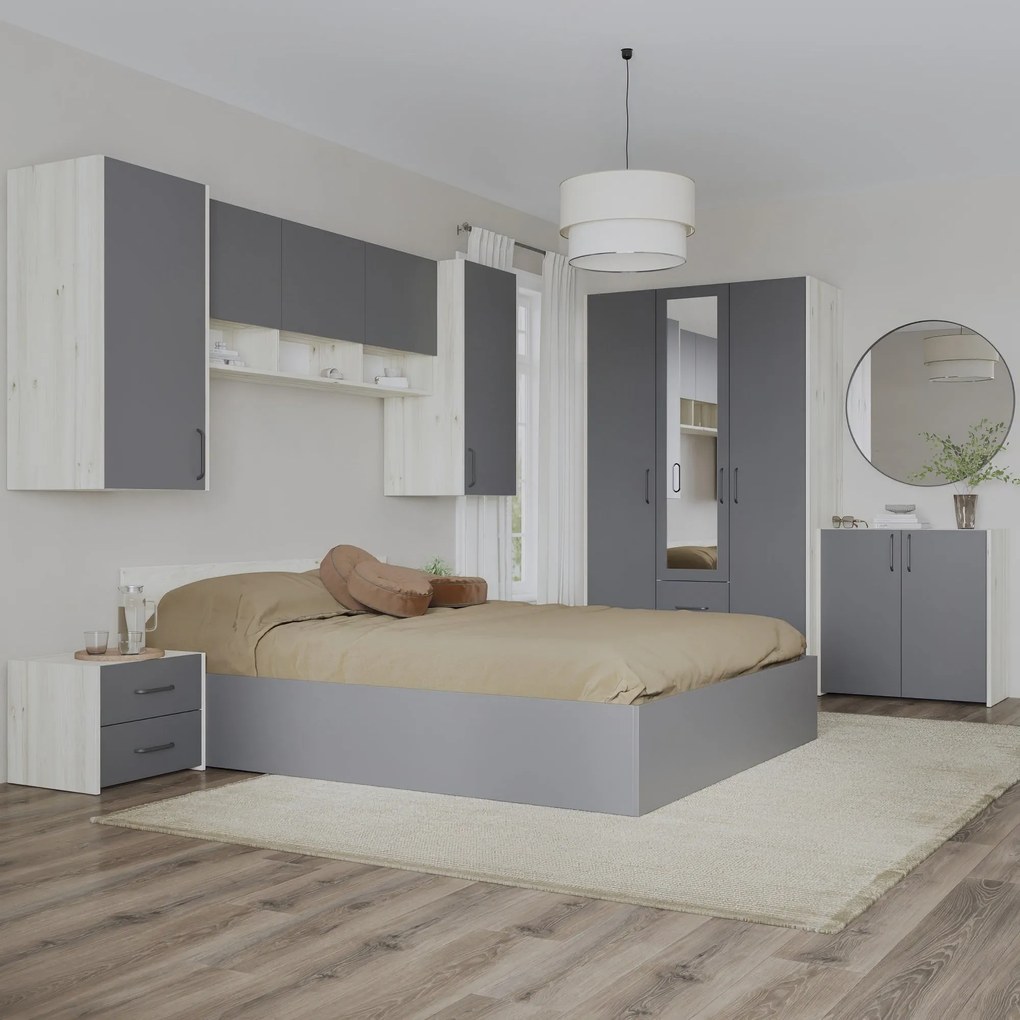 Set dormitor Malmo V14, Pat 200 x 140 cm, Stejar Alb/Antracit