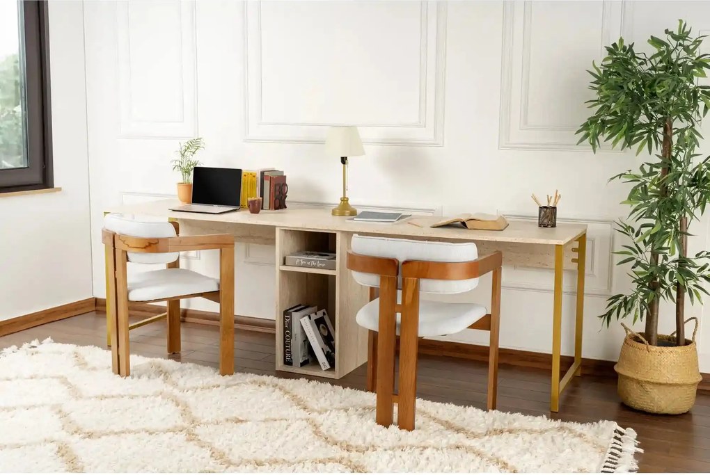 Birou TWIN, travertin/auriu, PAL melaminat/metal, 240x60x74 cm