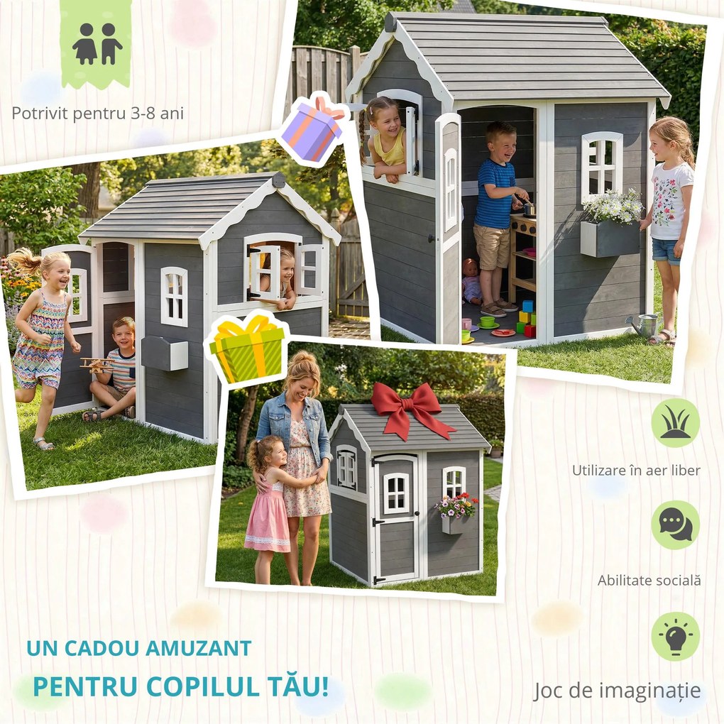 Outsunny Casă de joacă din lemn pentru copii, cu uși și ferestre | Aosom Romania