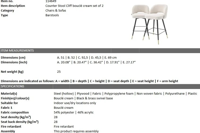 Set de 2 scaune de bar design modern Cliff, H-92,5cm crem 114649 HZ