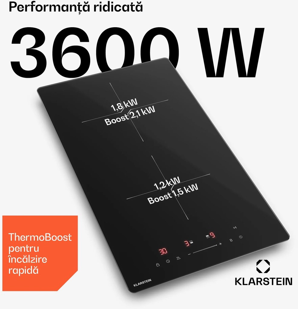Klarstein PowerGlide plită cu inducție | Modernă, compactă și puternică | 2 zone de gătit | 3500 W | 30 cm