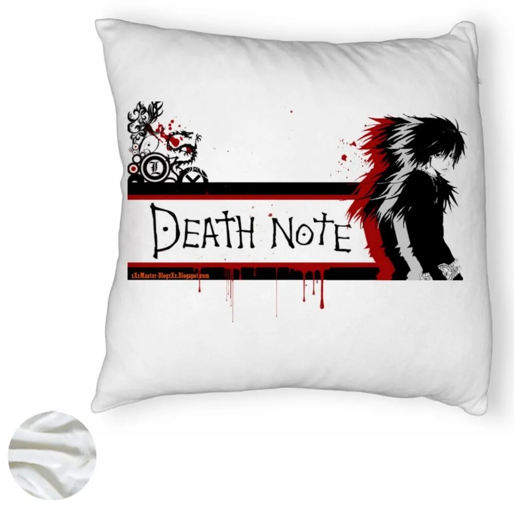 Perna Decorativa Fluffy cu Death note 3, 40x40 cm, Alba, Husa Detasabila, Burduf