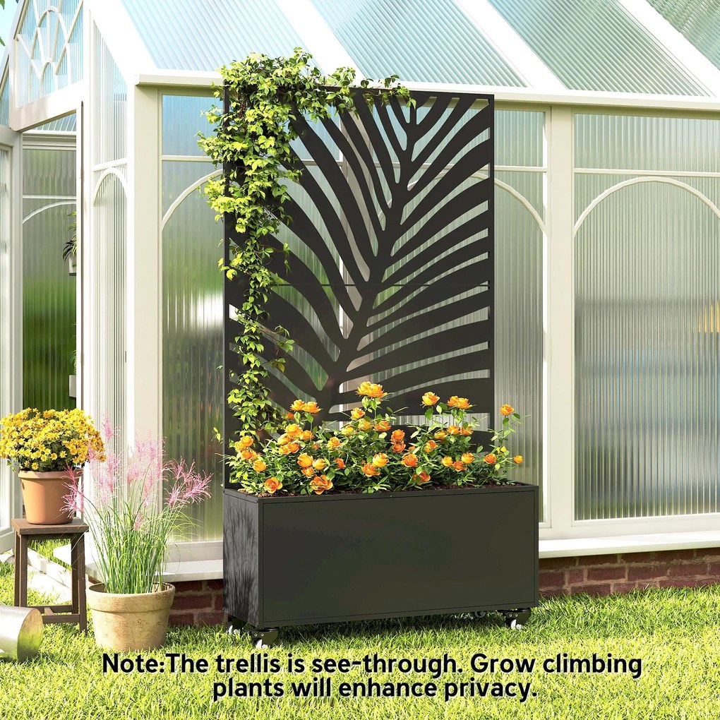 Outsunny Jardinieră cu spalier, cuvă pentru flori, cu paravan de intimitate și roți blocabile, metal, 90 x 30 x 160 cm, negru | Aosom Romania