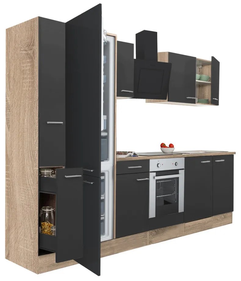 Mobilă de bucătărie Yorki 300, corp din stejar sonoma, față antracit satinat, element cuptor inferior, frigider congelator inferior