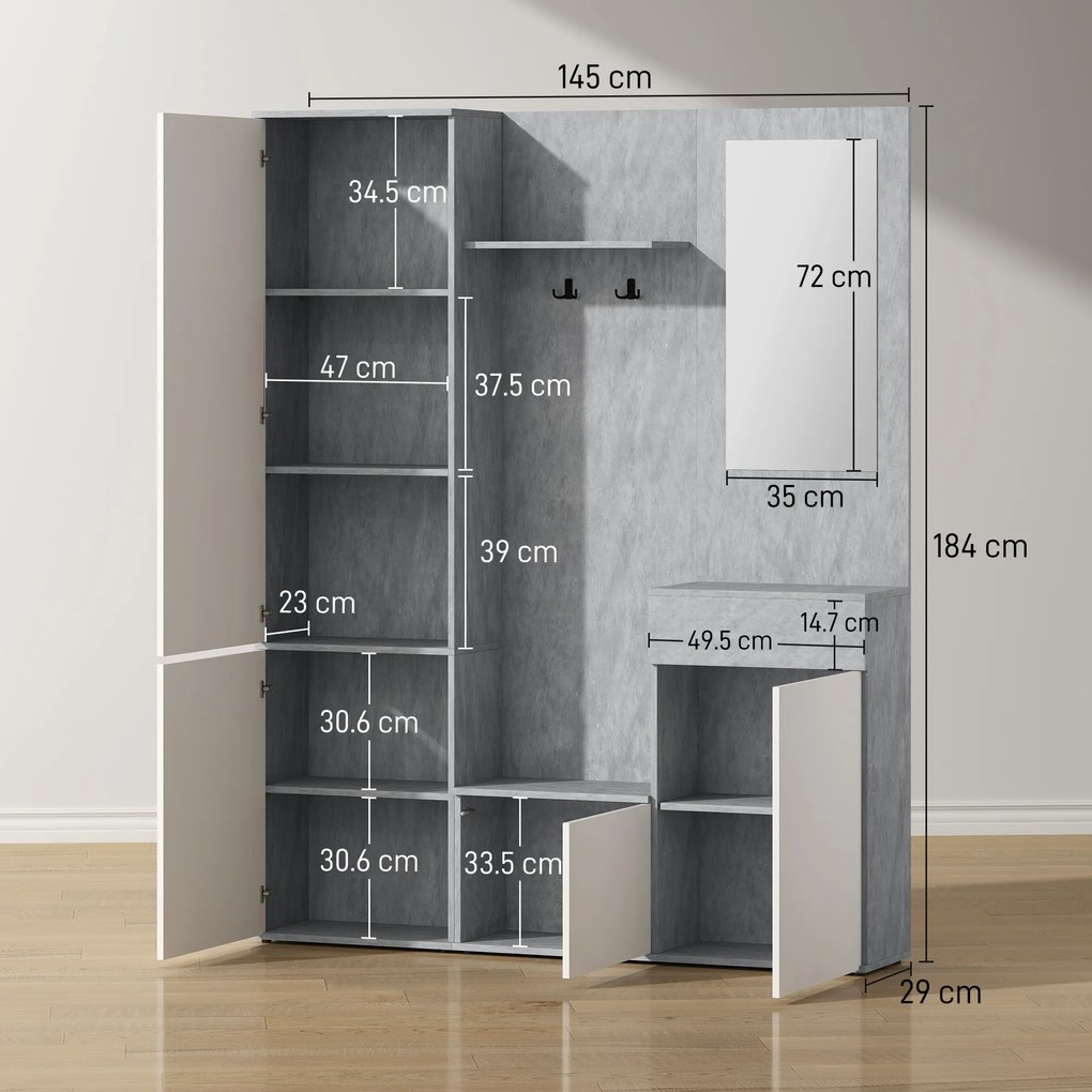 HOMCOM Mobilier 4 în 1 cu Oglindă, Cuiere și Rafturi Interioare Reglabile, Mobilier Multifuncțional, 145x29x184 cm, Gri | Aosom Romania