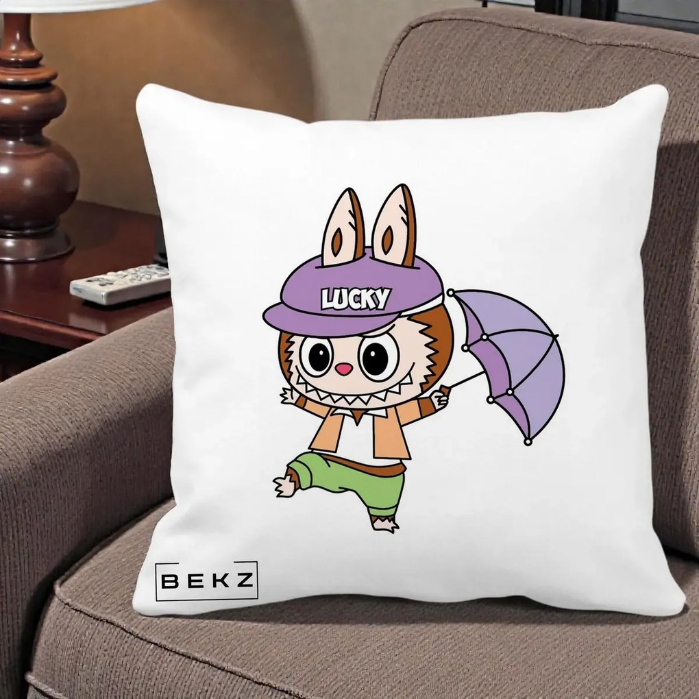 Perna Personalizata Labubu Lucky cu Umbrela, 40x40 cm, Alba Mata, Husa Detasabila, Perna Inclusa, BEKZ®