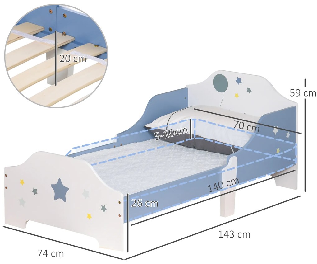 HOMCOM Pat Copii cu Protecții Laterale Siguranță, pentru +3 Ani, 143x74x59cm | Aosom Romania