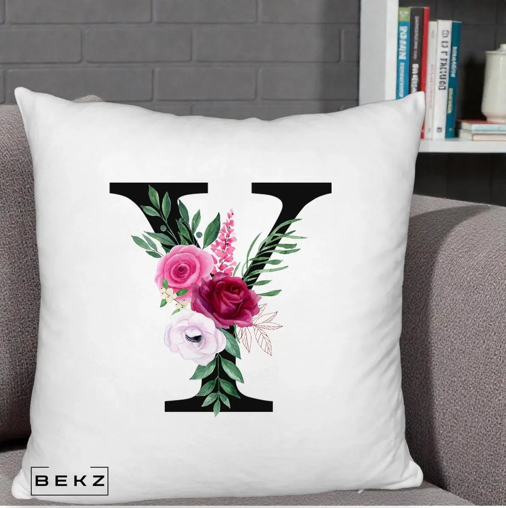 Cadou Personalizat - Perna Personalizata Monograma Florala Litera Y cu Buchet, 40x40 cm, Alb Pufos, Husa Detasabila, Perna Inclusa, BEKZ®