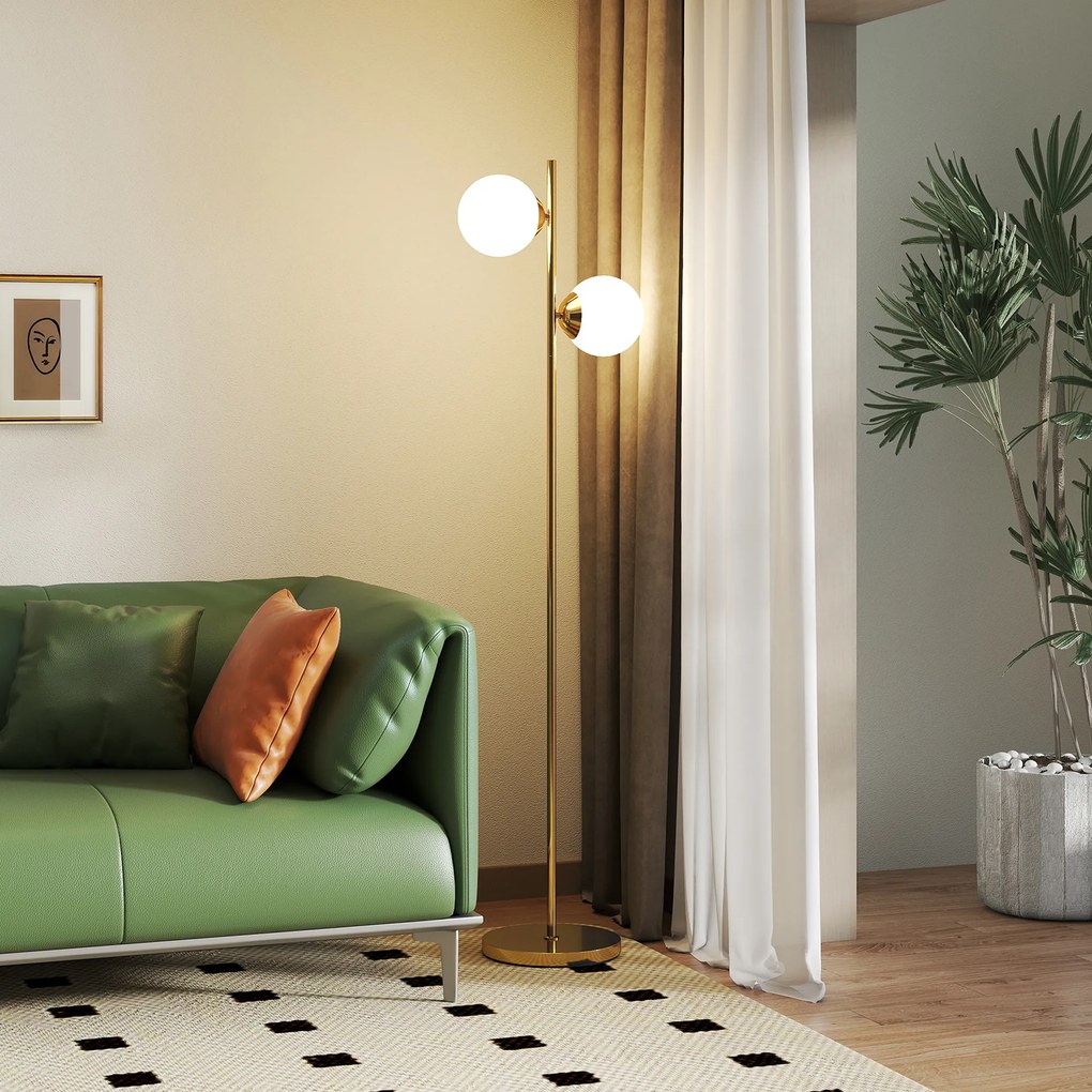 HOMCOM Lampă de Podea cu 2 Lumini și Abajururi Sferice, Lampă de Podea cu Comutator de Picior, Soclu E27, 39x28x165 cm, Aur | Aosom Romania