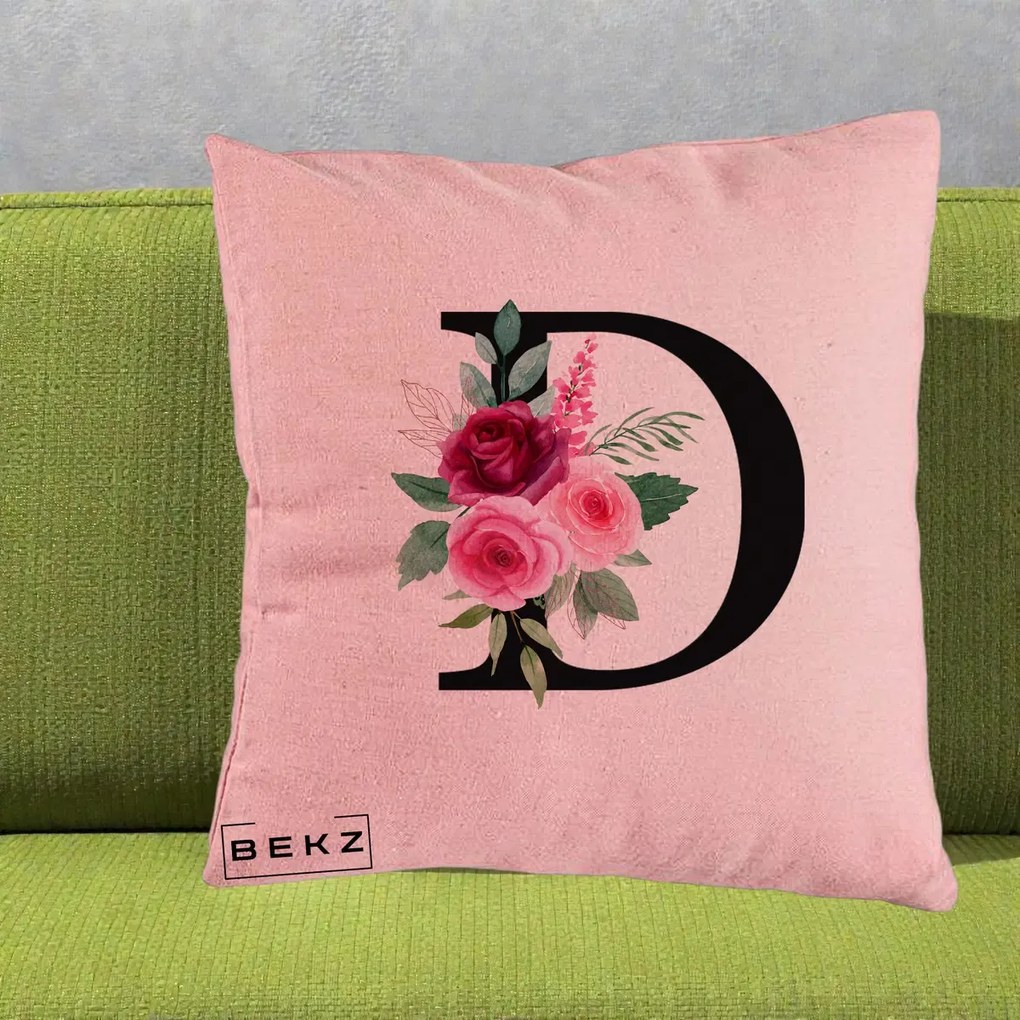 Cadou Personalizat - Perna Personalizata Monograma Florala Litera D, 40x40 cm, Roz, Husa Detasabila, Perna Inclusa, BEKZ®