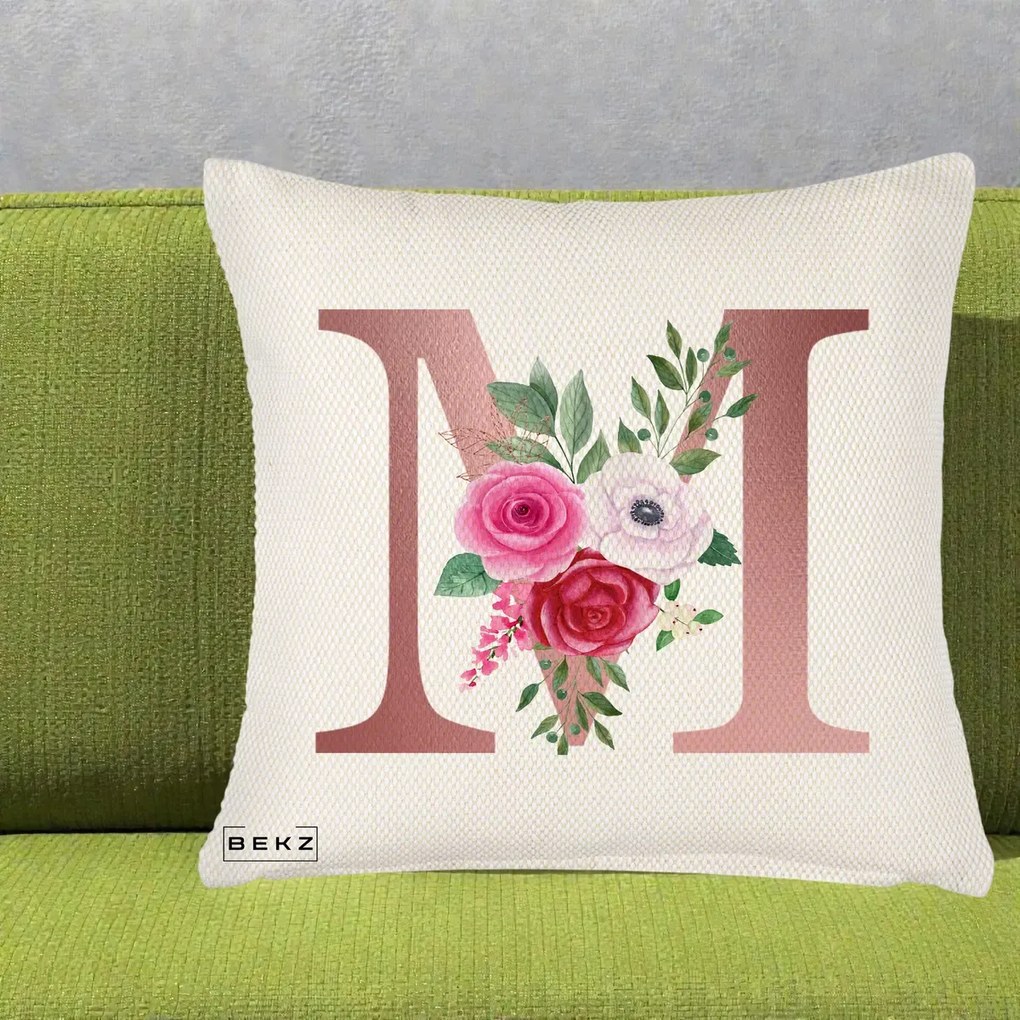 Cadou Personalizat - Perna Personalizata Monograma Rose Gold Litera M cu Trandafiri, 40x40 cm, Crem Reliefat, Husa Detasabila, Perna Inclusa, BEKZ®