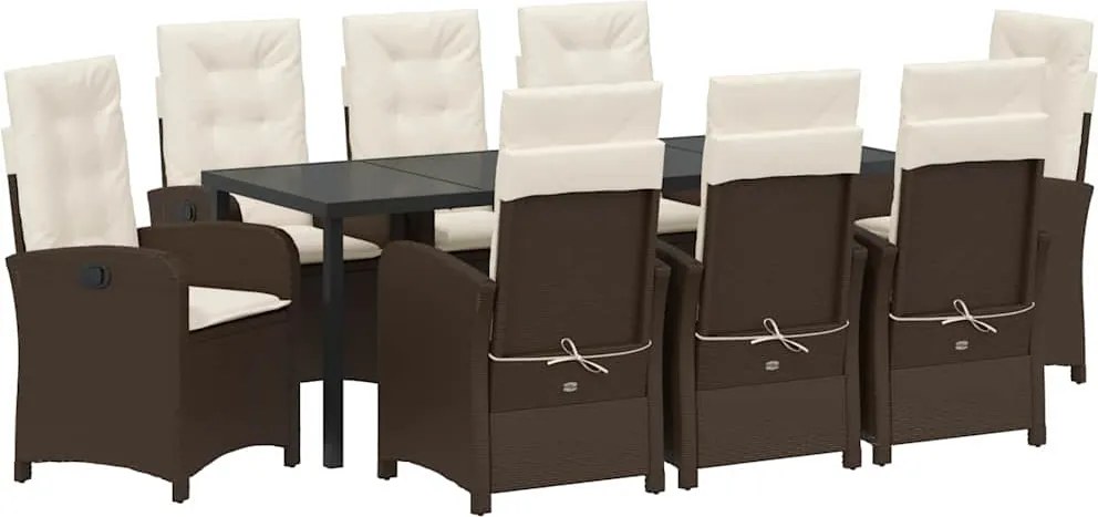 vidaXL Set de masă pentru grădină cu pernă 9 pcs Maro poliratan