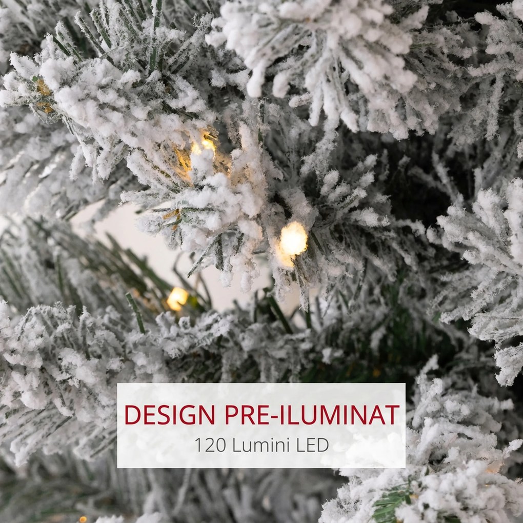 HOMCOM Brad de Crăciun Înzăpezit cu 263 de Crengi și Lumini LED Albe, Brad Artificial din Plastic, Ø45x150 cm, Verde | Aosom Romania