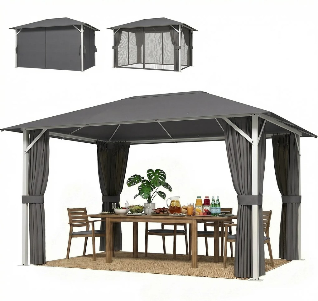 Outsunny Pavilion cca. 4x3 m Rezistent la apă Stabil Rezistent la iarnă Pavilion de grădină cu plasă anti-țânțari 4 părți laterale Ventilație Orificii de drenaj | Aosom Romania