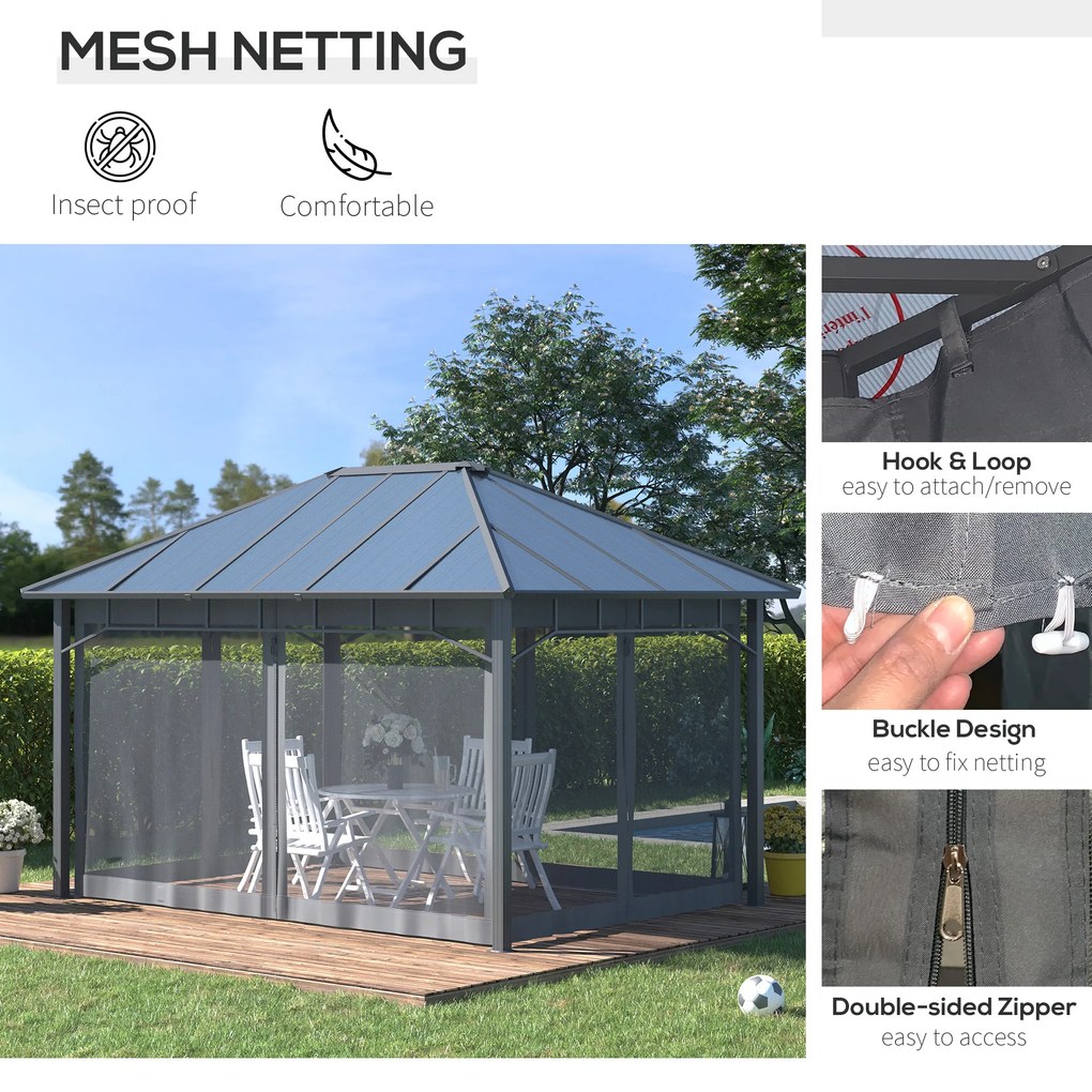 Outsunny Pavilion cu acoperis rigid din policarbonat 4 x 3 (m), Pergola cu cadru din aluminiu cu plasa, pentru gradina, veranda, Gri
