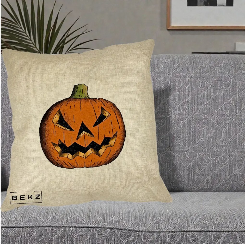 Perna Decorativa Halloween Dovleac Portocaliu Clasic, 40x40 cm, Crem, Husa Detasabila, Perna Inclusa, BEKZ®