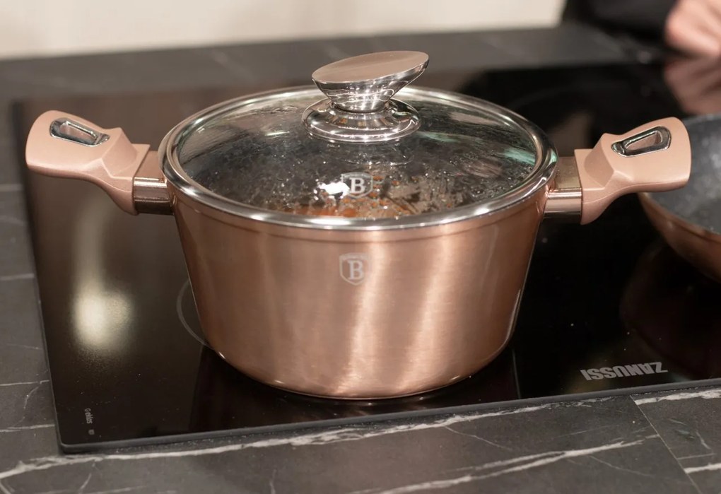 Set oale si tigai, cu capace, marmorate, 18 piese Rose Gold Berlinger Haus BH 7034, compatibile cu plita cu inductie