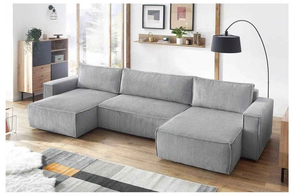 Colțar gri deschis extensibil cu tapițerie din catifea reiată (în formă de "U") Nihad – Bobochic Paris