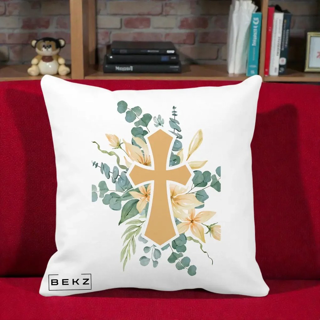 Perna Personalizata Cruce Florala Botez, 40x40 cm, Alba Mata, Husa Detasabila, Perna Inclusa, BEKZ®