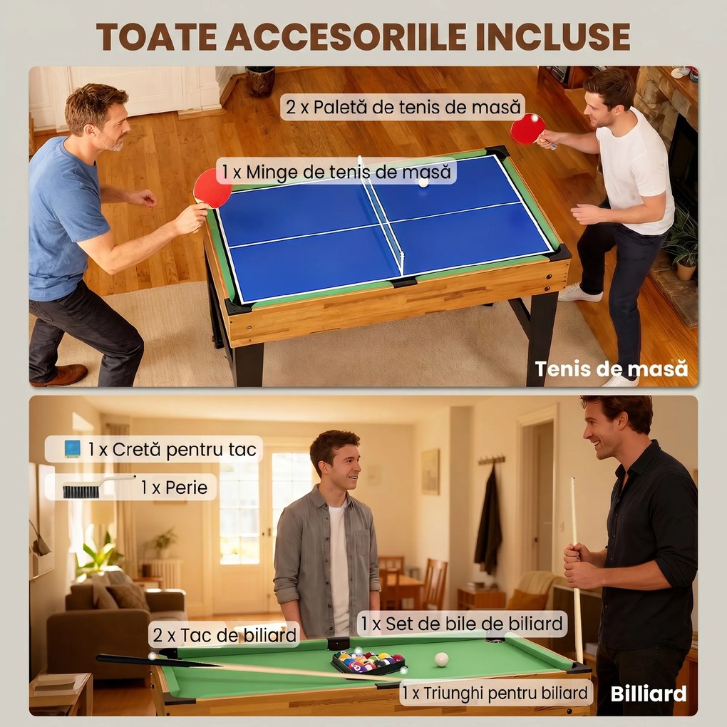 SPORTNOW Masă de Jocuri 13 în 1 cu Fotbal de Masă, Ping Pong, Air Hockey, Biliard, Șah și Altele, Culoare Nuc | Aosom Romania