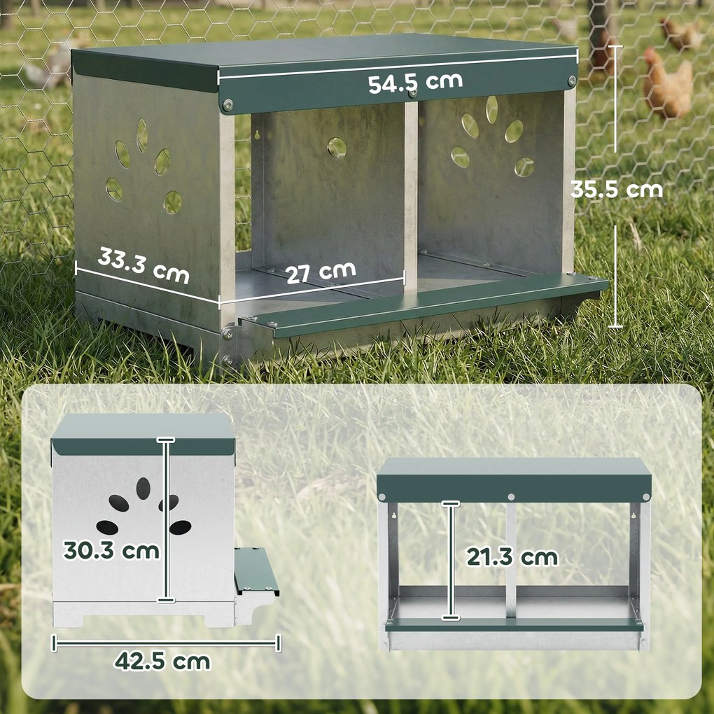 PawHut Cuib pentru Găini Ouătoare din Oțel cu 2 Compartimente, Bază Ridicată, Acoperiș și Orificii de Ventilare, Argintiu | Aosom Romania
