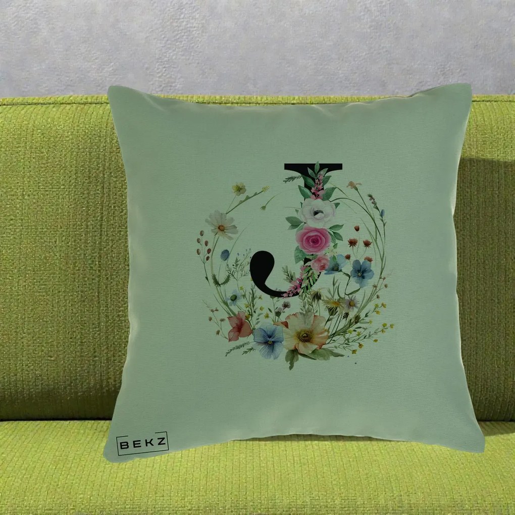 Cadou Personalizat - Perna Personalizata Monogram Litera J cu Flori Acuarela, 40x40 cm, Verde, Husa Detasabila, Perna Inclusa, BEKZ®