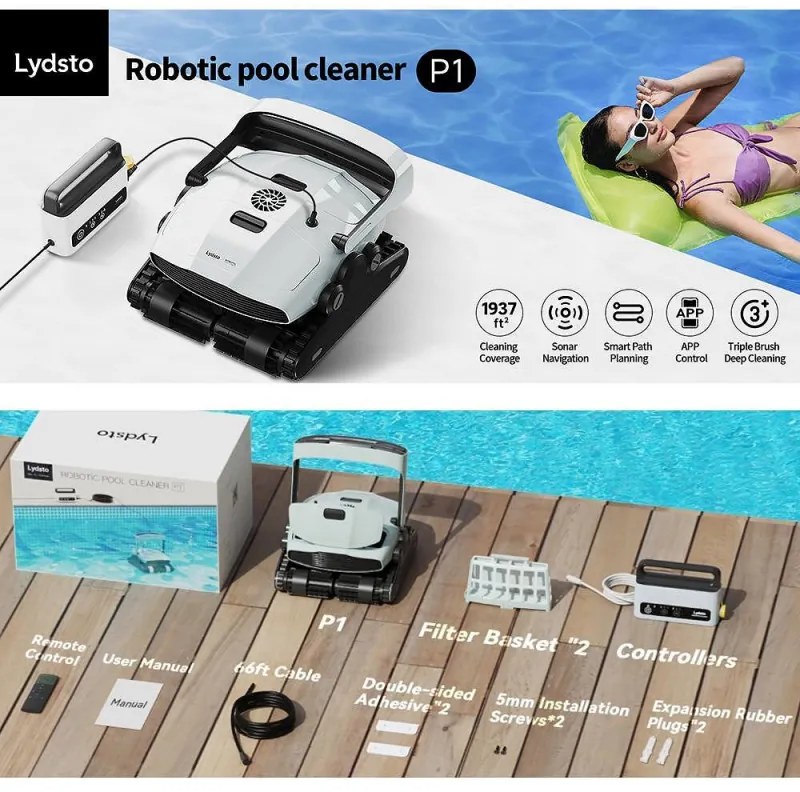 Robot curatare piscine Xiaomi Lydsto P1, 150W, SMART, Pana la 180 m², 3 L, 3 perii, Timer, Alb
