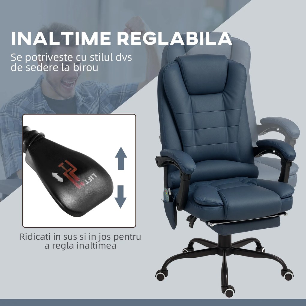 Vinsetto Fotoliu Ergonomic de Birou cu 7 Puncte de Masaj, Suport pentru Picioare și Înălțime Reglabilă, 67x67x111-121 cm, Albastru | Aosom Romania