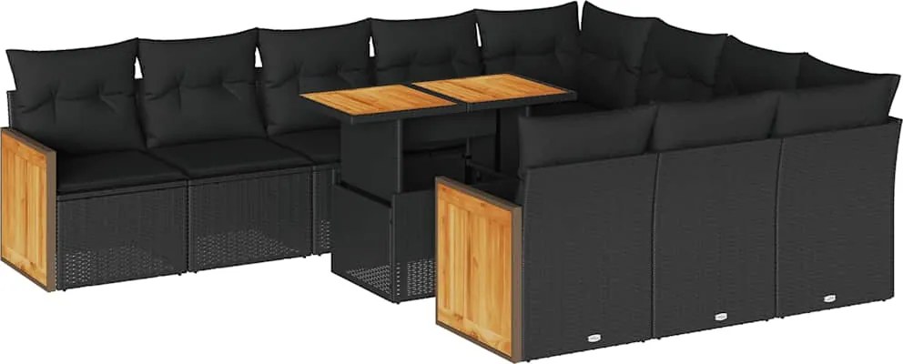 vidaXL Set canapele grădină cu perne 11 piese, negru, poliratan/acacia
