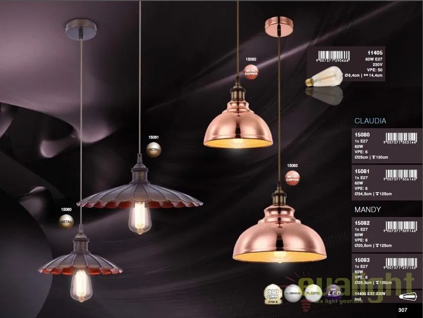 Lustra,Pendul Industrial Style, diam.28,5cm, finisaj cupru, MANDY 15083 GL