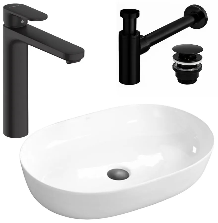 Pachet lavoar pe blat Rea Cleo alb 61 cm, baterie lavoar Hansgrohe Vernis Blend negru si ventil lavoar Click-Clack negru