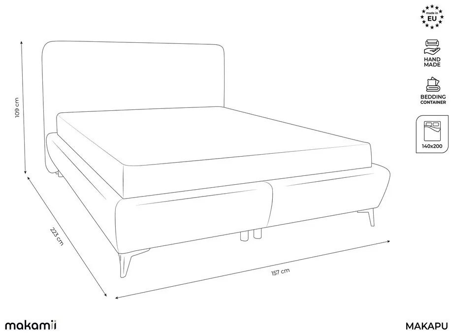 Pat matrimonial verde tapițat cu spațiu de depozitare cu somieră 140x200 cm Makapu – Makamii
