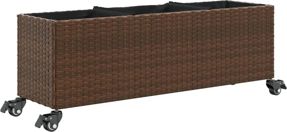 vidaXL Jardinieră grădină cu roți/3 ghivece maro 107x32x38cm poliratan