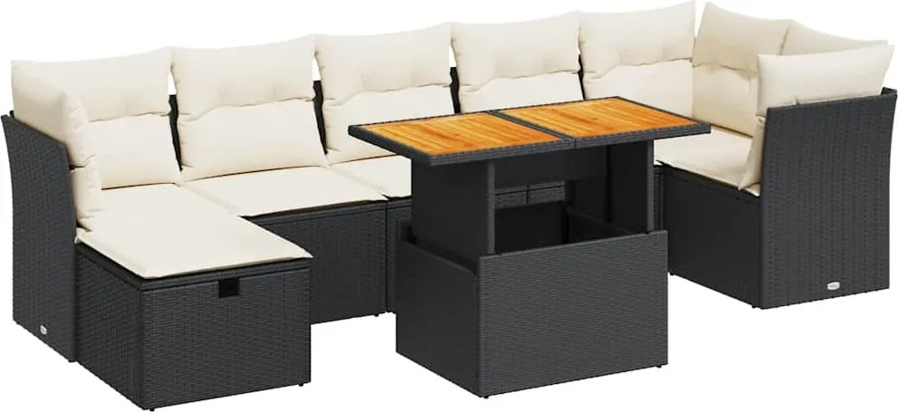 vidaXL Set mobilier grădină perne 8 piese negru, poliratan/lemn acacia