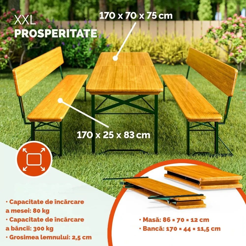 Set de masă pentru bere PRAKTIK cu spătar, 170cm, maro Jurhan