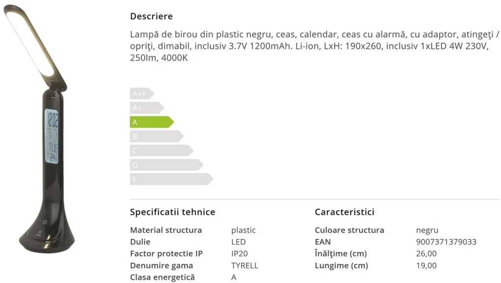 Veioza LED dimabila / Lampa de birou cu touchdimer TYRELL neagra 58329B GL