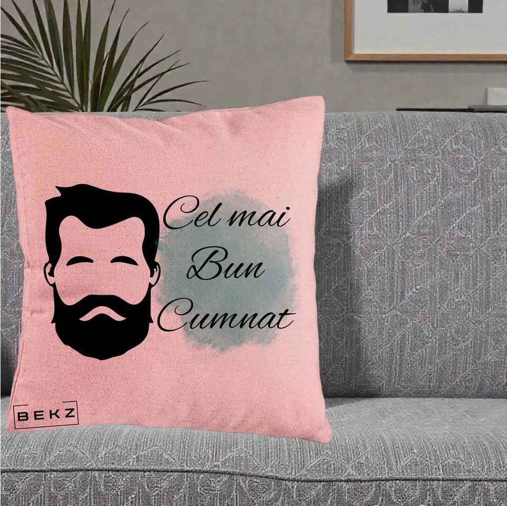 Cadou pentru Cumnat - Perna Personalizata Cel mai Bun Cumnat cu Portret Barbat si Pete Teal, 40x40 cm, Roz, Husa Detasabila, Perna Inclusa, BEKZ®