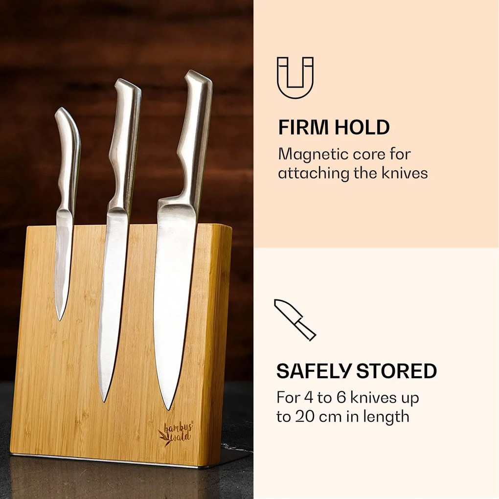 Suport pentru cuțite, unghiular, magnetic, pentru 4-6 cuțite, bambus, oțel inoxidabil