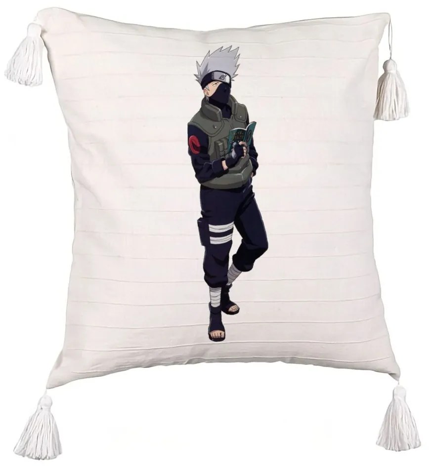 Perna Decorativa cu Franjuri cu Naruto Kakashi, 45x45 cm, Ecru, Cu fermoar