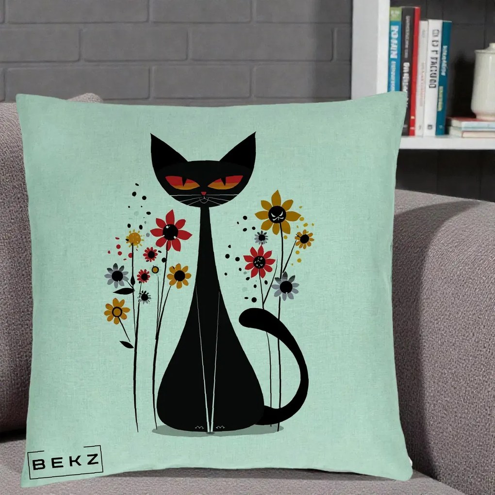 Perna Decorativa Pisica Neagra Ochi Rosii Flori, 40x40 cm, Verde Menta, Husa Detasabila, Perna Inclusa, BEKZ®