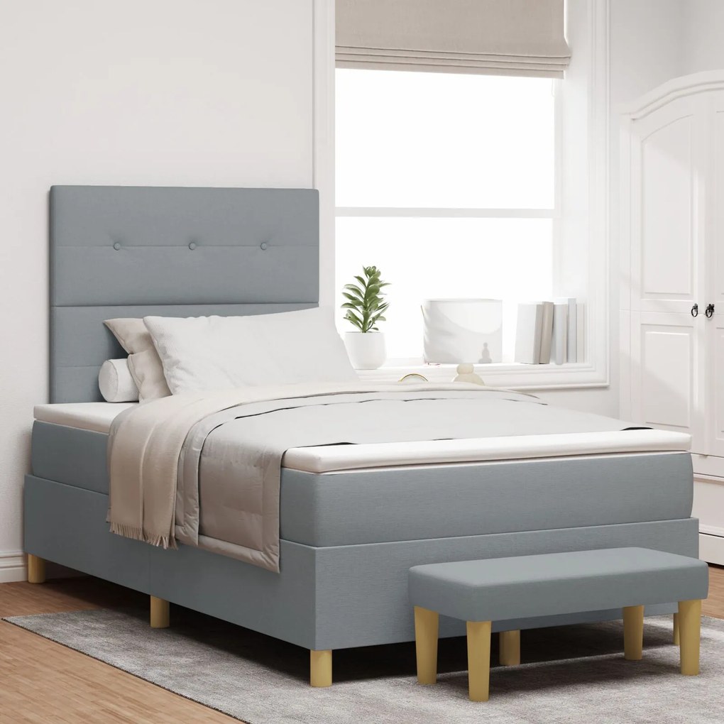 vidaXL Pat cu arcuri cu saltea și bancă Gri deschis 120x190 cm Țesătură